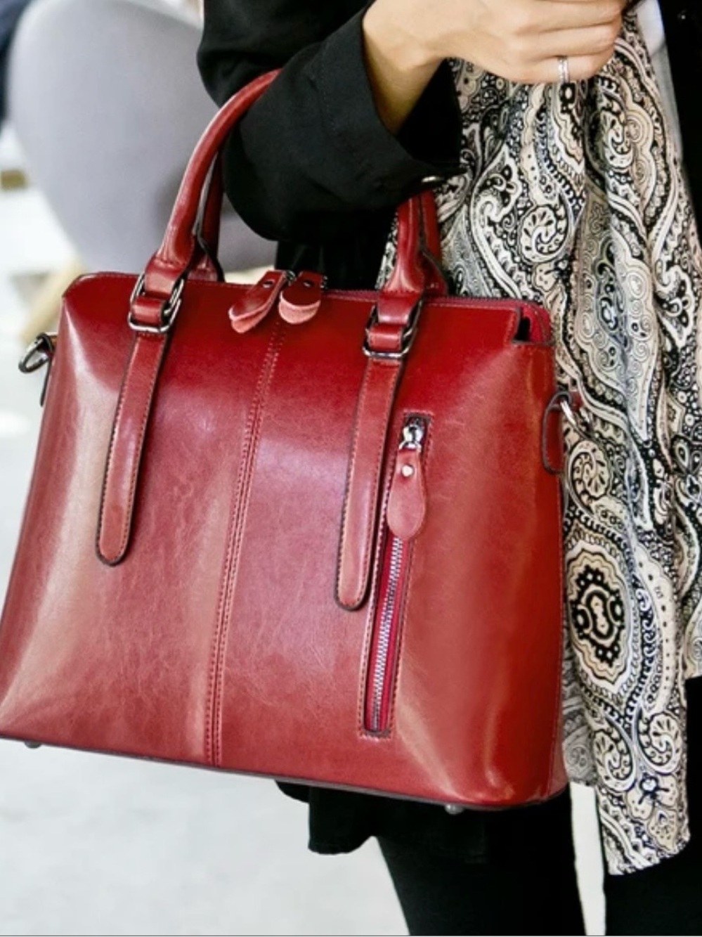 Structured Red Leather Satchel with Top Handles